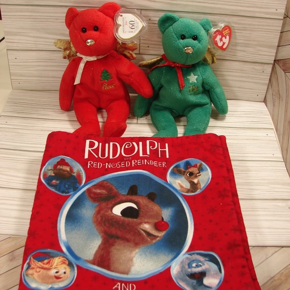 Christmas Holiday 3 pc Set Rudolph Soft Book and 2 Vtg Beanie Bears from 2003 - Picture 12 of 13